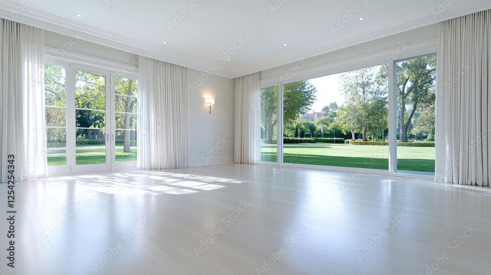 Fototapeta premium Sunlit empty room, garden view, luxury home interior, real estate listing