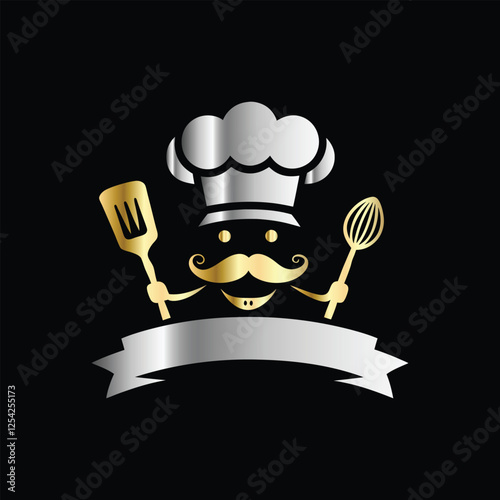 Luxury restaurant emblem with crown, fork and spoon. Vector illustration.