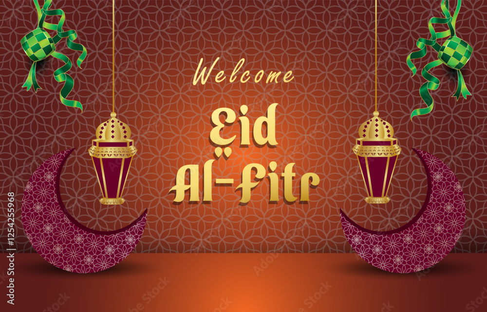 Naklejka premium welcome eid al fitr template banner with beautiful islamic ornament with orange background design 41