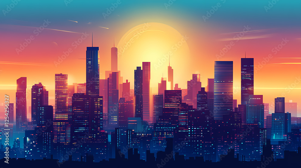 Fototapeta premium Aerial view of modern city skyline with skyscrapers during twilight. Underground Skyscrapers. Illustration