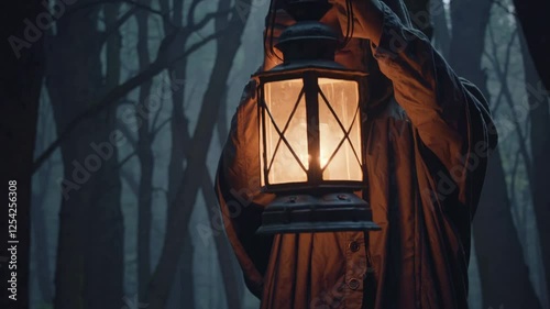 Hooded Figure with Lantern Walking Through a Misty Forest
