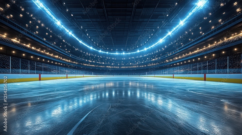 Empty hockey arena with bright lights reflecting on the ice rink. Empty hockey arena with bright lights reflecting on the ice rink.
