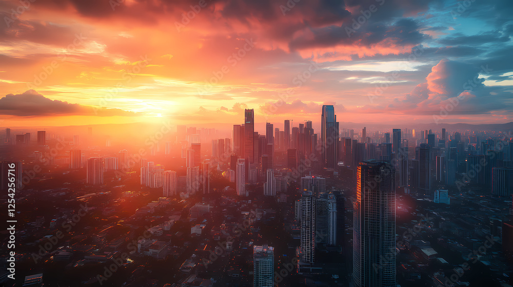 Fototapeta premium Cityscape of makati, metro manila with sunset and skyscrapers. Underground Skyscrapers. Illustration