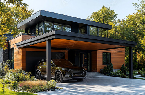 Luxury modern house with wooden facade large carport and black SUV in green suburban environment