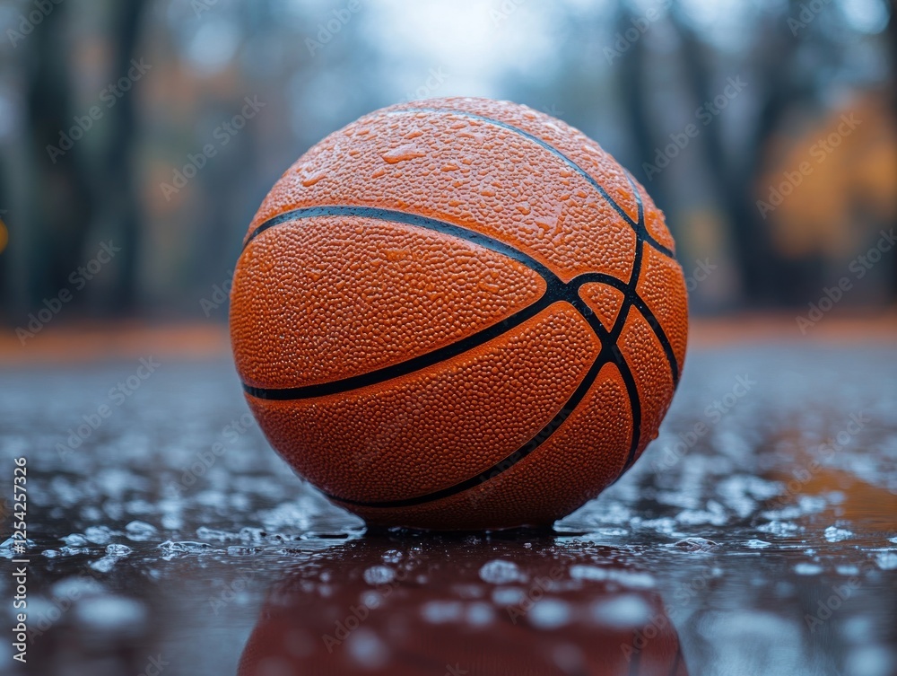 A Close-Up of a Textured Basketball Placed on a Rain-Soaked Outdoor Court with Autumn Colors Blurred in the Background Providing a Scenic and Dramatic Sports Vibe A Close-Up of a Textured Basketball Placed on a Rain-Soaked Outdoor Court with Autumn Colors Blurred in the Background Providing a Scenic and Dramatic Sports Vibe