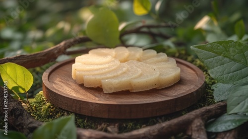 Sliced konjac on wooden plate in nature. photo