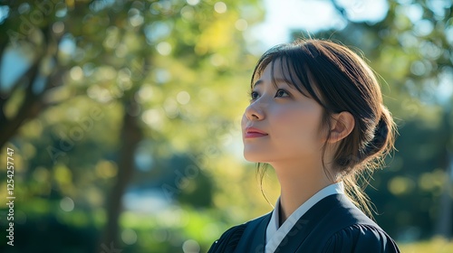 Young woman looking up with hope and inspiration, symbolizing dreams and future possibilities