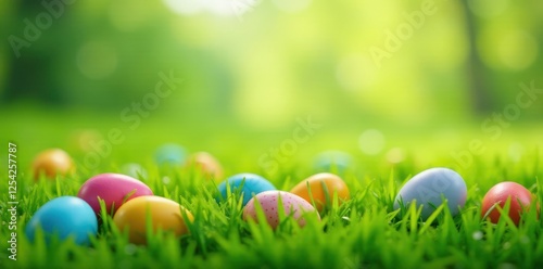 Wallpaper Mural Colorful Easter eggs scattered on green grass in a field of tall grass, nature, spring, easter Torontodigital.ca