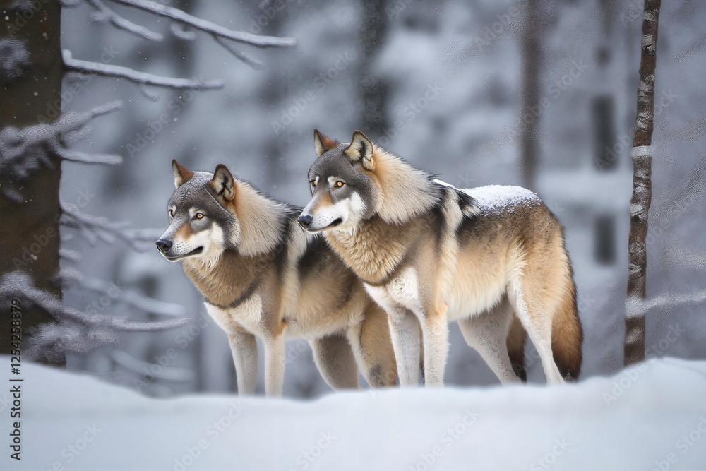 Fototapeta premium Hungry Wolves in Dense Winter Forest Words