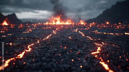 Burning Cityscape Lava Flow Disaster Scene photo