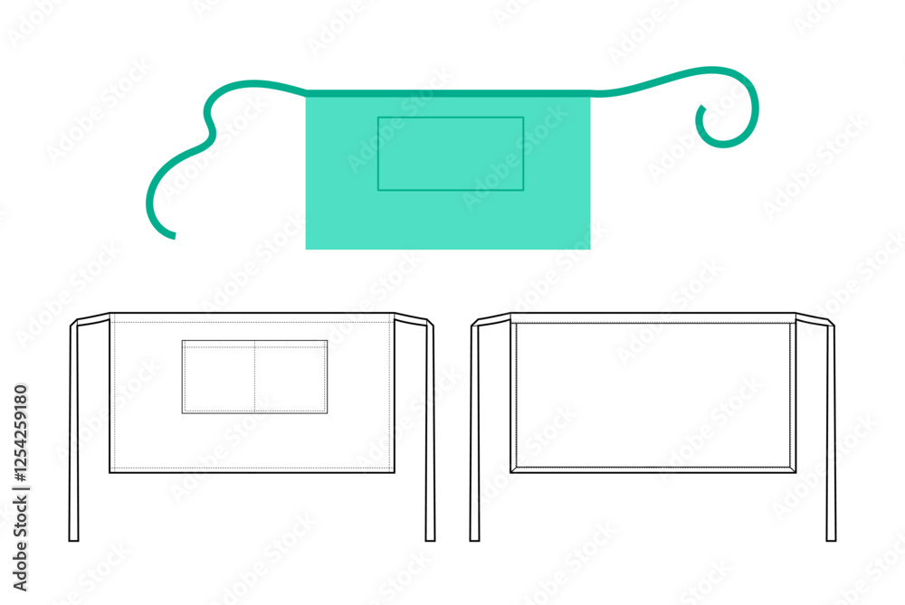 Set of Aprons Short bistro and waist technical fashion illustration. Hip uniform mint cartoon Flat sketch outline apparel template front, back view. Women, men unisex CAD mockup isolated on white Set of Aprons Short bistro and waist technical fashion illustration. Hip uniform mint cartoon Flat sketch outline apparel template front, back view. Women, men unisex CAD mockup isolated on white