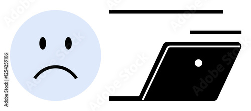 Sad face with downward curve next to a speeding laptop. Ideal for technology overload, digital burnout, stress, information fatigue, work pressure, emotional impact, online communication abstract