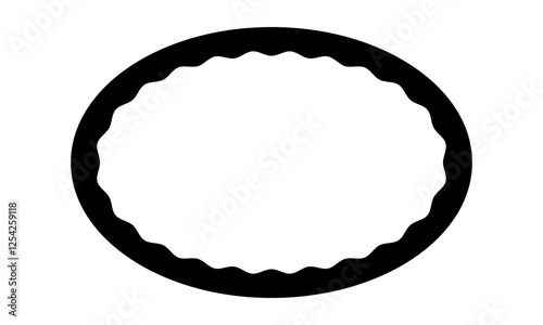 Oval frame with wavy inner borders. Elliptic shape with curvy inside edges. Text box, sticker, tag or speech bubble template isolated on white background. Vector graphic illustration.