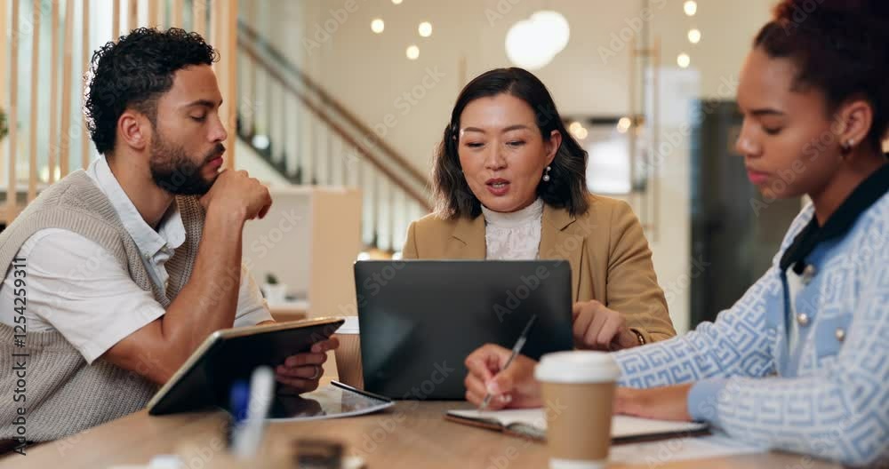 Business people, laptop and group with teamwork, planning and conversation with feedback for proposal. Cooperation, pc and employees in office, technology and discussion with meeting for project