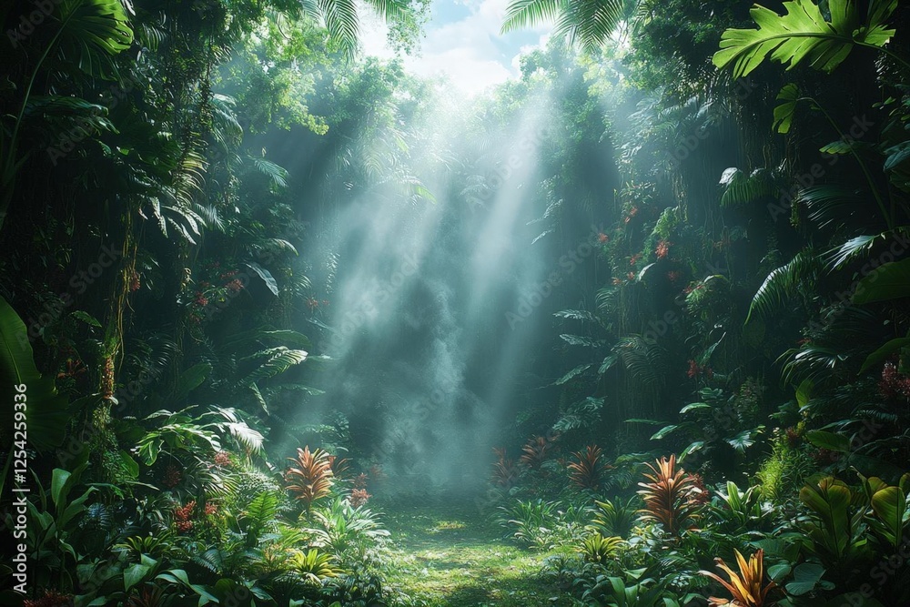 Obraz premium Sunlight Path Through Lush Tropical Forest