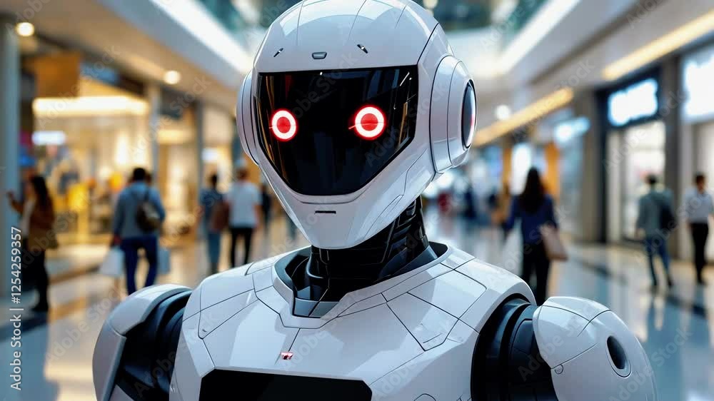 Futuristic humanoid robot stands in a bustling shopping mall, surrounded by diverse shoppers Futuristic humanoid robot stands in a bustling shopping mall, surrounded by diverse shoppers
