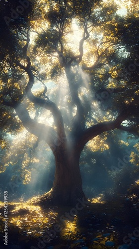 A very old tree in the forest with sun rays shining through the canopy