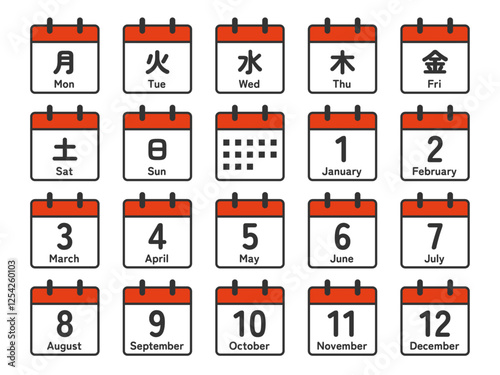 日本語表記の曜日と12ヶ月のアイコンセット