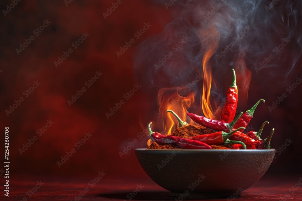 Fiery Chili Peppers in a Bowl with Flames and Smoke Fiery Chili Peppers in a Bowl with Flames and Smoke