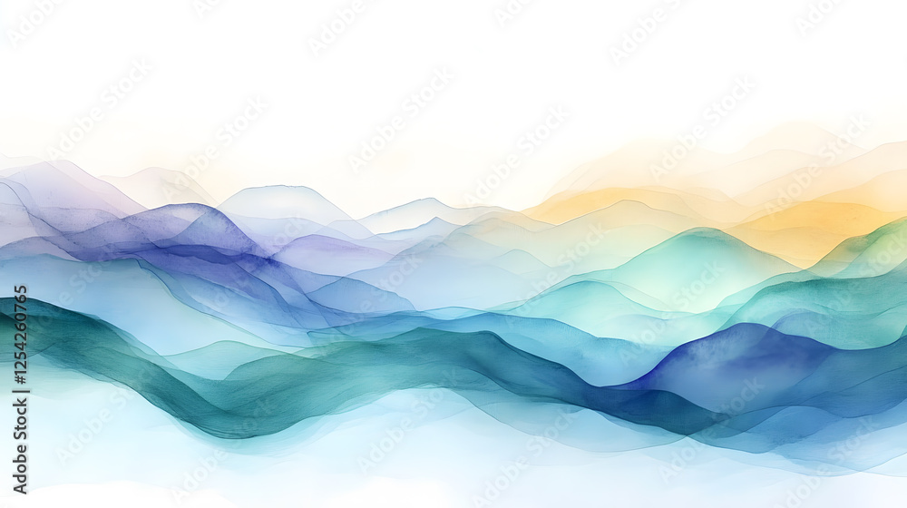 Fototapeta premium Serene Watercolor Mountainscape Abstract Blue, Green, and Gold Hues