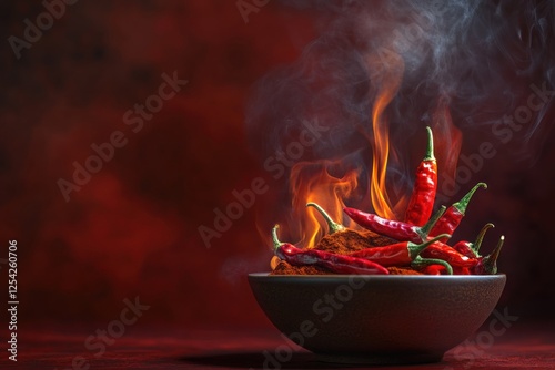 Fiery Chili Peppers in a Bowl with Flames and Smoke photo