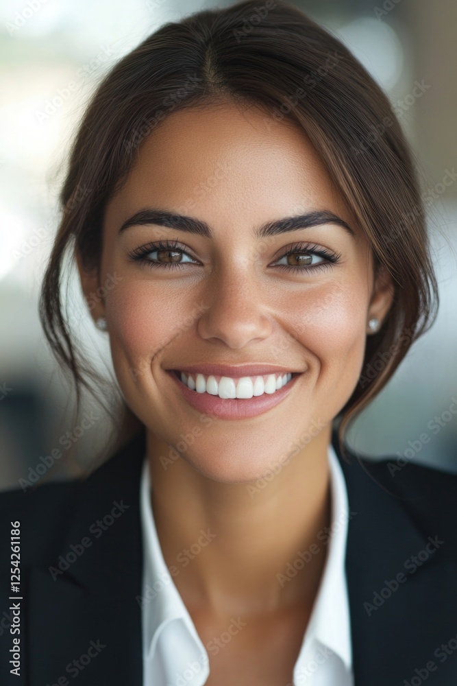Headshot close up face portrait of young happy smiling Hispanic businesswoman, female company worker or corporate manager, confident business woman entrepreneur looking at camera at work in office. Headshot close up face portrait of young happy smiling Hispanic businesswoman, female company worker or corporate manager, confident business woman entrepreneur looking at camera at work in office.
