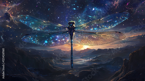 The dragonfly's wings sparkle like stars, merging nature with cosmic scenery, hovering over a vast landscape under a starlit sky in a beautiful digital art piece. Cosmic Insects. Illustration photo