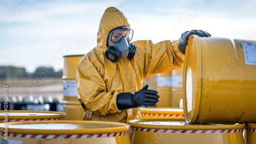 Wallpaper Mural Worker in protective gear inspecting yellow hazardous waste barrels Torontodigital.ca