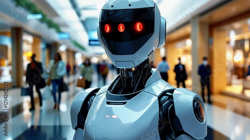 Wallpaper Mural A futuristic humanoid robot stands in a busy airport terminal, surrounded by travelers and shops Torontodigital.ca