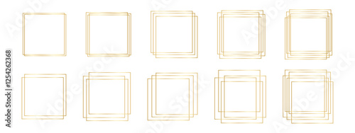 Set of gold square frames. Shiny rectangular borders, glossy decorative frameworks, design elements for banners, invitation or wedding cards isolated on white background. Vector illustration.