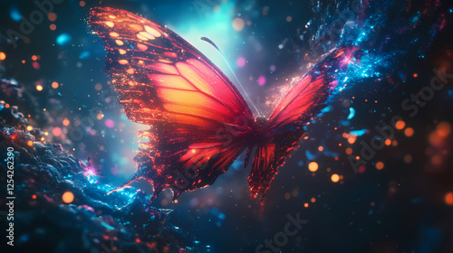 Fototapeta Naklejka Na Ścianę i Meble -  hd wallpapers glowing abstract butterfly with radiant wings, flying through a cosmic digital void. desktop wallpaper hd. hd backgrounds. Cosmic Insects. Illustration