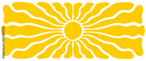 Groovy sun background. Wavy yellow rays. Sunburst, sunrise or sunset poster. Summer happy theme wallpaper. Modern preppy psychedelic print. Positive vibes design. Vector flat illustration.