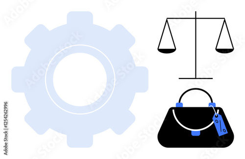 Gear symbolizing industry, scales representing justice, and handbag indicating commerce. Ideal for legal, business, fairness, industry, balance consumer rights judicial system. Clean flat abstract