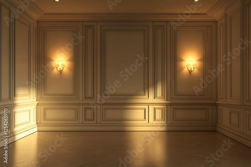 Vintage-style empty room with panel walls and warm lighting