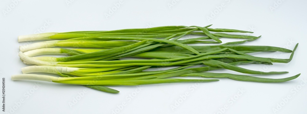 Fresh green onions on a white background. Healthy food.