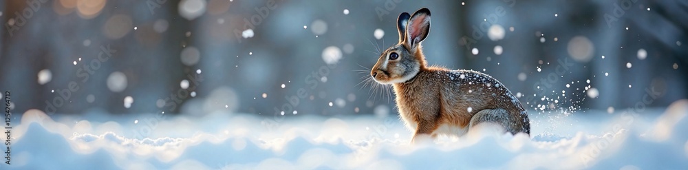 Softly falling snowflakes envelop a hare's fur, gentle, snowshoe Softly falling snowflakes envelop a hare's fur, gentle, snowshoe