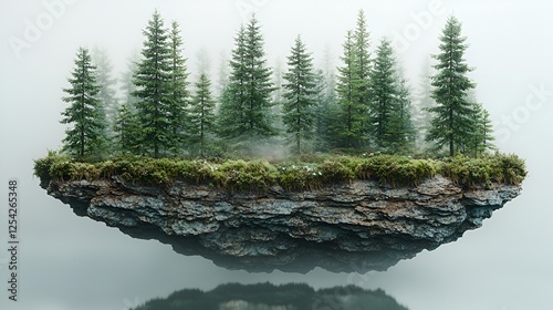 Misty forest island floats, calm water reflects, nature background, environmental concept photo