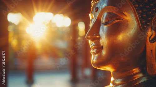 Close-up of a golden Buddha statue with warm sunlight, symbolizing Buddhism, spirituality, meditation and inner peace  