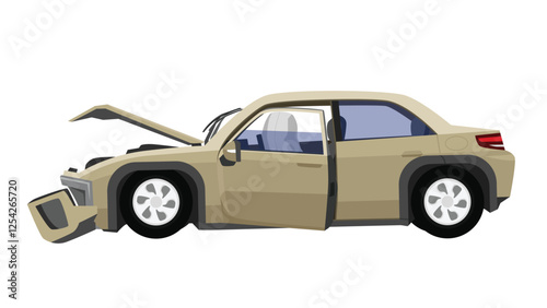 Brown sedan car was severely damaged. Bonnet was distorted. Front bumper has broken apart. Airbags deployed from steering wheel. On isolated white background.