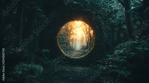 Glowing keyhole sphere, dark forest background, digital security concept. Witchwood Forests. Illustration photo