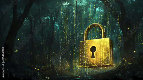 Golden padlock on digital background with binary code, symbolizes security. Witchwood Forests. Illustration photo