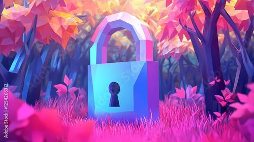 Low-poly padlock secures colorful forest, data security concept, website banner. Witchwood Forests. Illustration photo