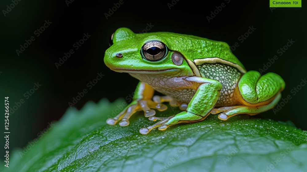 Close-up bright green frog on leaf, dark background, nature photo, wildlife, detailed Close-up bright green frog on leaf, dark background, nature photo, wildlife, detailed