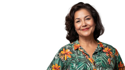 Smiling senior woman wearing colorful shirt on transparent background