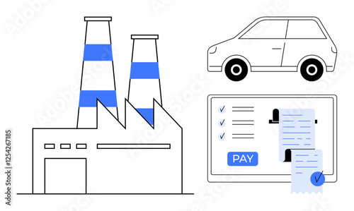 Factory building with chimneys, car outline, and digital payment receipt infers industrial production and automotive transactions. Ideal for industries, automation, payments, manufacturing, economy