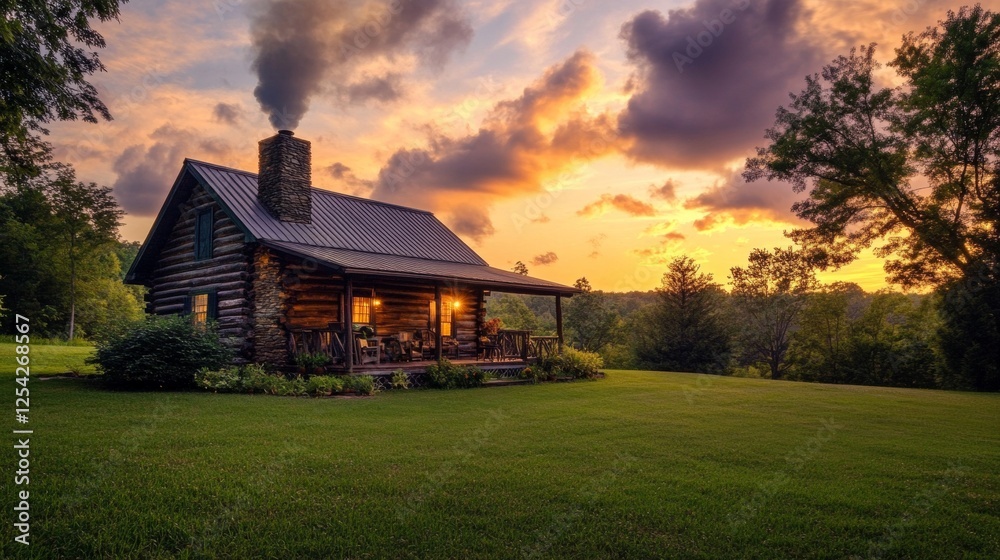 Obraz premium Small wooden log cabin in a grassy field surrounded by trees and nature in a tranquil rural landscape
