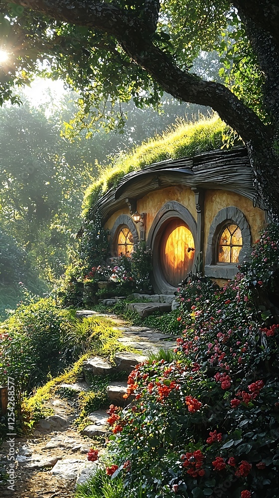 Fototapeta premium Hobbit-style architecture with shadowy rosemary patterns and unique, whimsical visuals