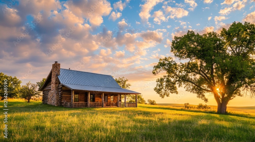 Small wooden log cabin in a grassy field surrounded by trees and nature in a tranquil rural landscape Small wooden log cabin in a grassy field surrounded by trees and nature in a tranquil rural landscape