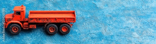 Red toy truck on blue textured surface photo