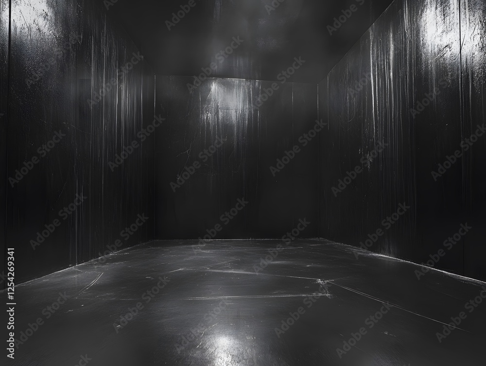 Obraz premium Dark Scratched Metal Room Interior, Industrial Background, Black grunge texture